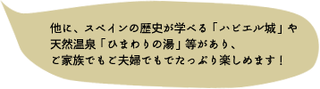 他に、スペインの歴史が学べる「ハビエル城」や天然温泉「ひまわりの湯」等があり、ご家族でもご夫婦でもでたっぷり楽しめます！